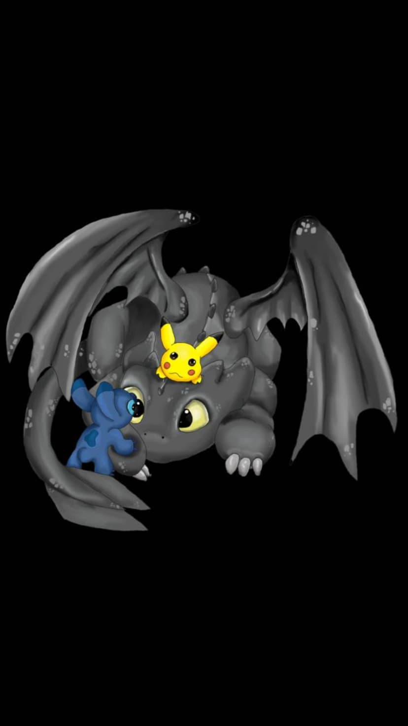 Toothless the black dragon cuddles with a blue Stitch and a yellow Pikachu against a solid dark background.