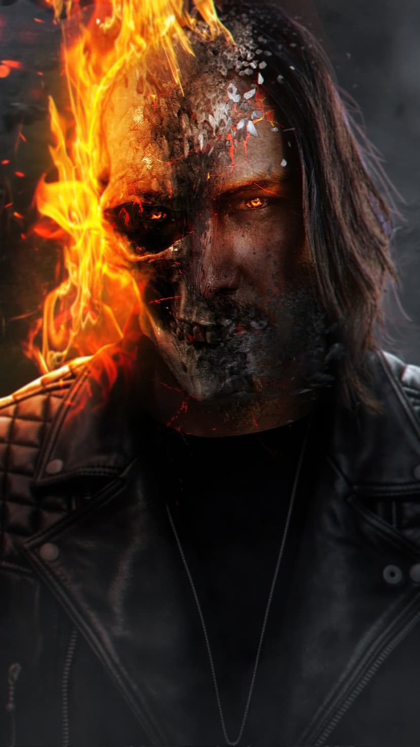Man with half-skeletal face engulfed in bright orange flames wearing a black leather jacket and silver chain.