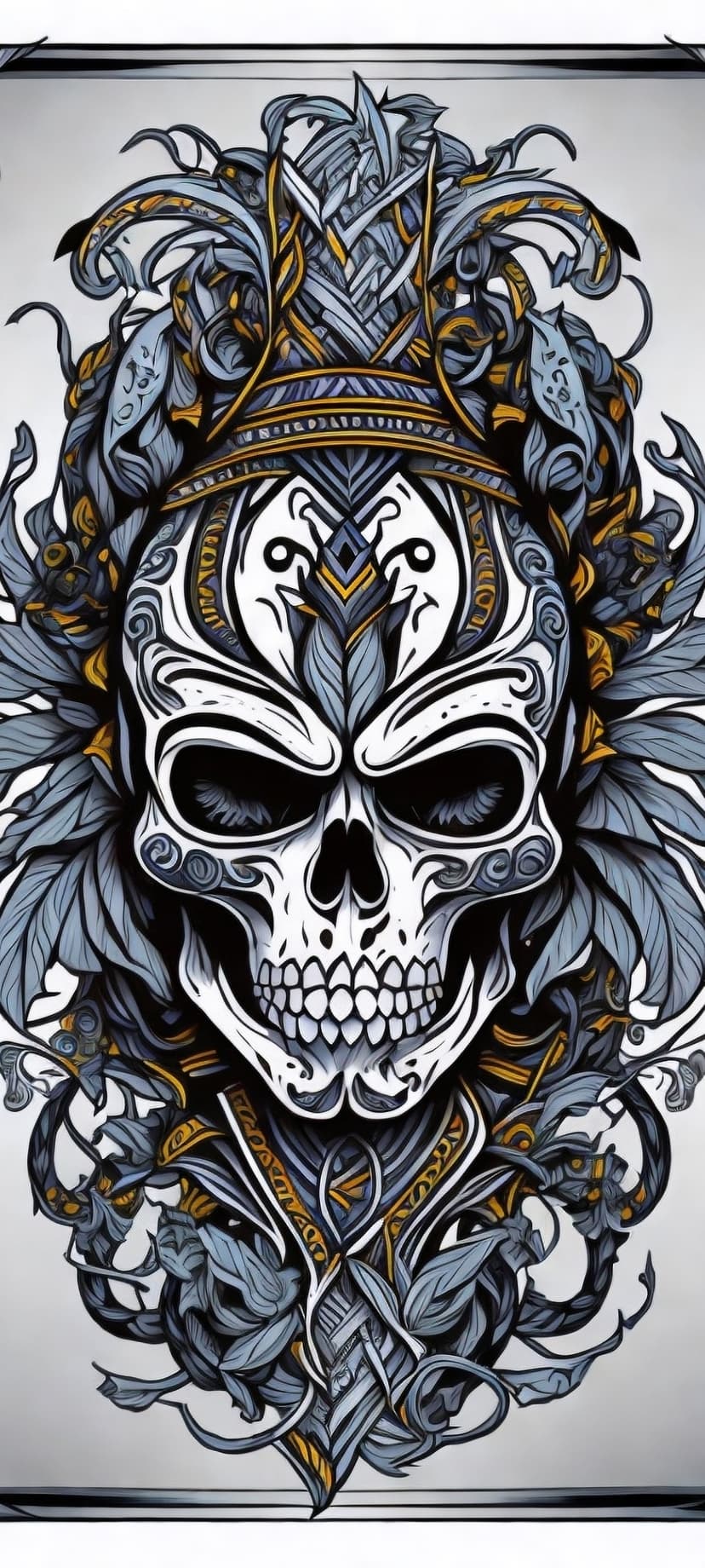 Ornate skull wearing a golden crown surrounded by flowing feathers against a dark monochromatic background.