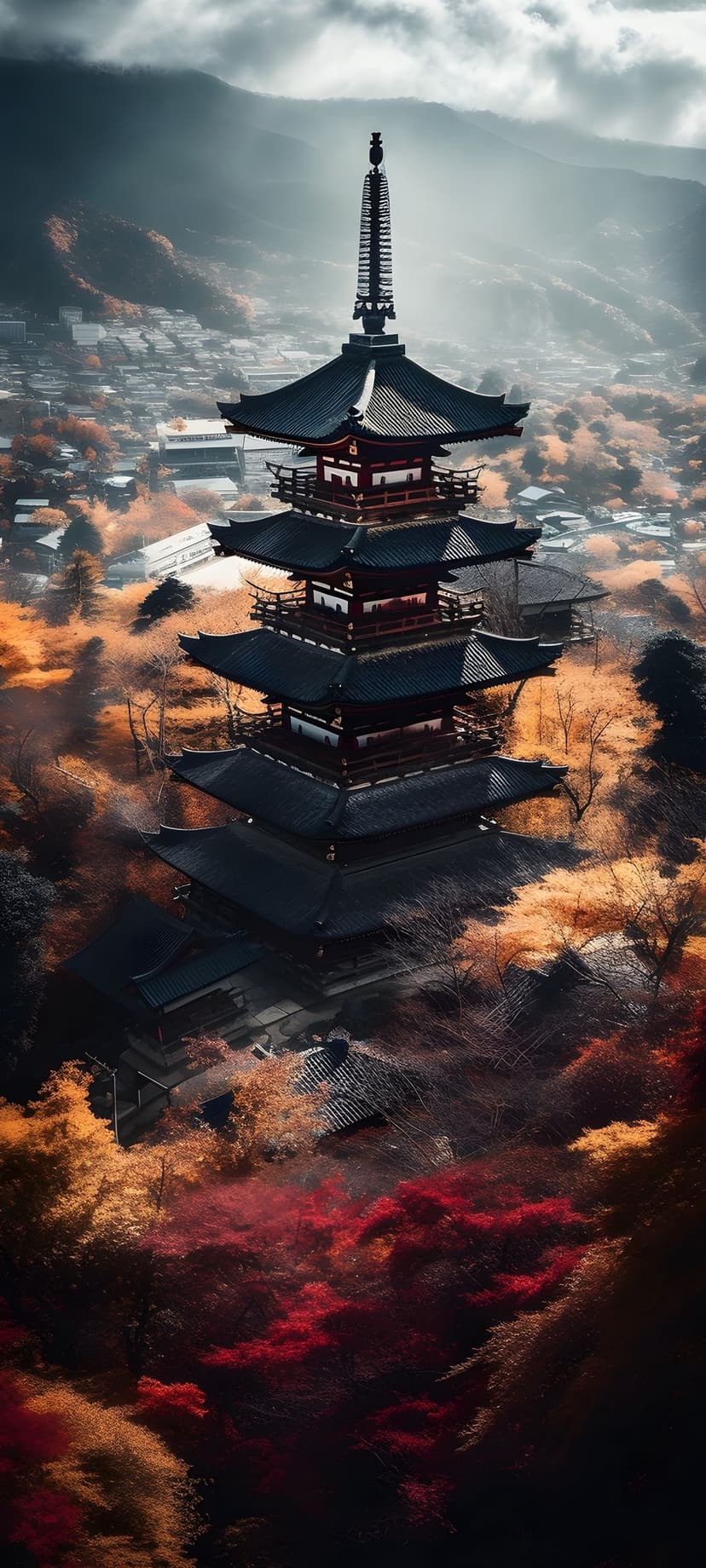 Five-story Japanese pagoda surrounded by fiery red and orange maple trees under a light layer of morning mountain mist.