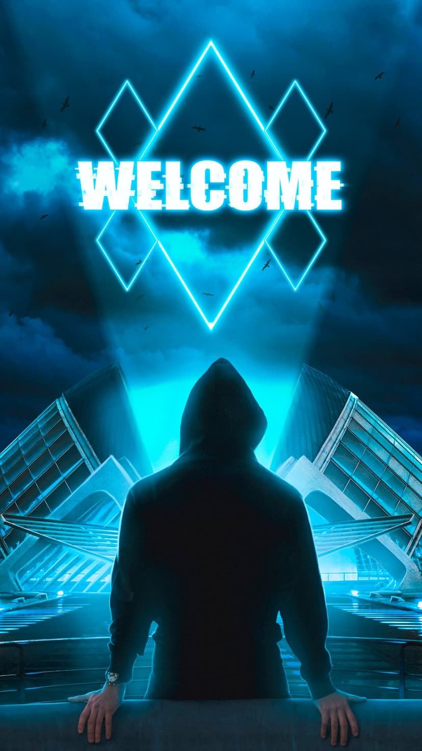 Hooded figure facing a glowing cyan welcome sign set against a dark architectural background and stormy sky.