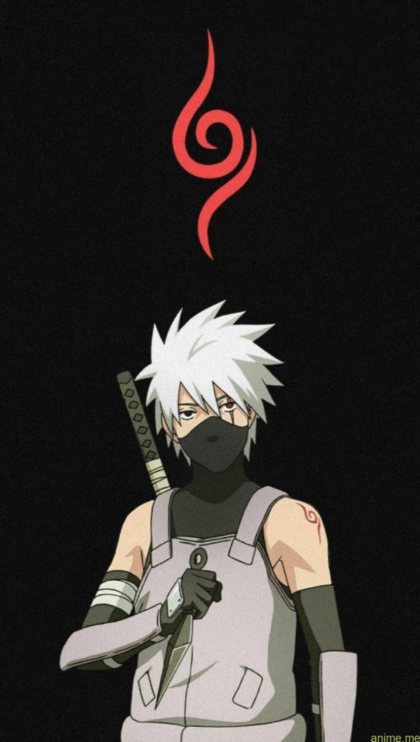 Kakashi Hatake with spiky white hair and a face mask holds a kunai weapon against a dark Konoha village symbol.
