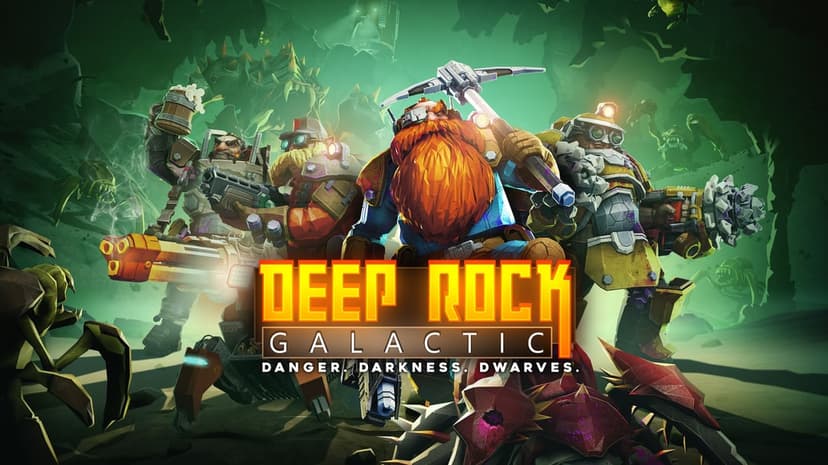 Four heavily armored dwarves stand ready with weapons in a glowing green cavern filled with alien monsters.