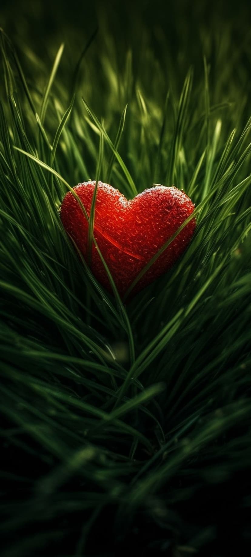 Red heart ornament with dew drops sits in lush green grass with a blurred background in a macro close-up view.
