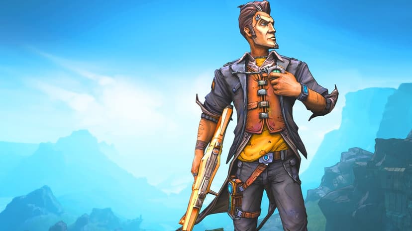 Handsome Jack stands with a yellow rifle against a bright sky and hazy mountains in a cel-shaded art style.