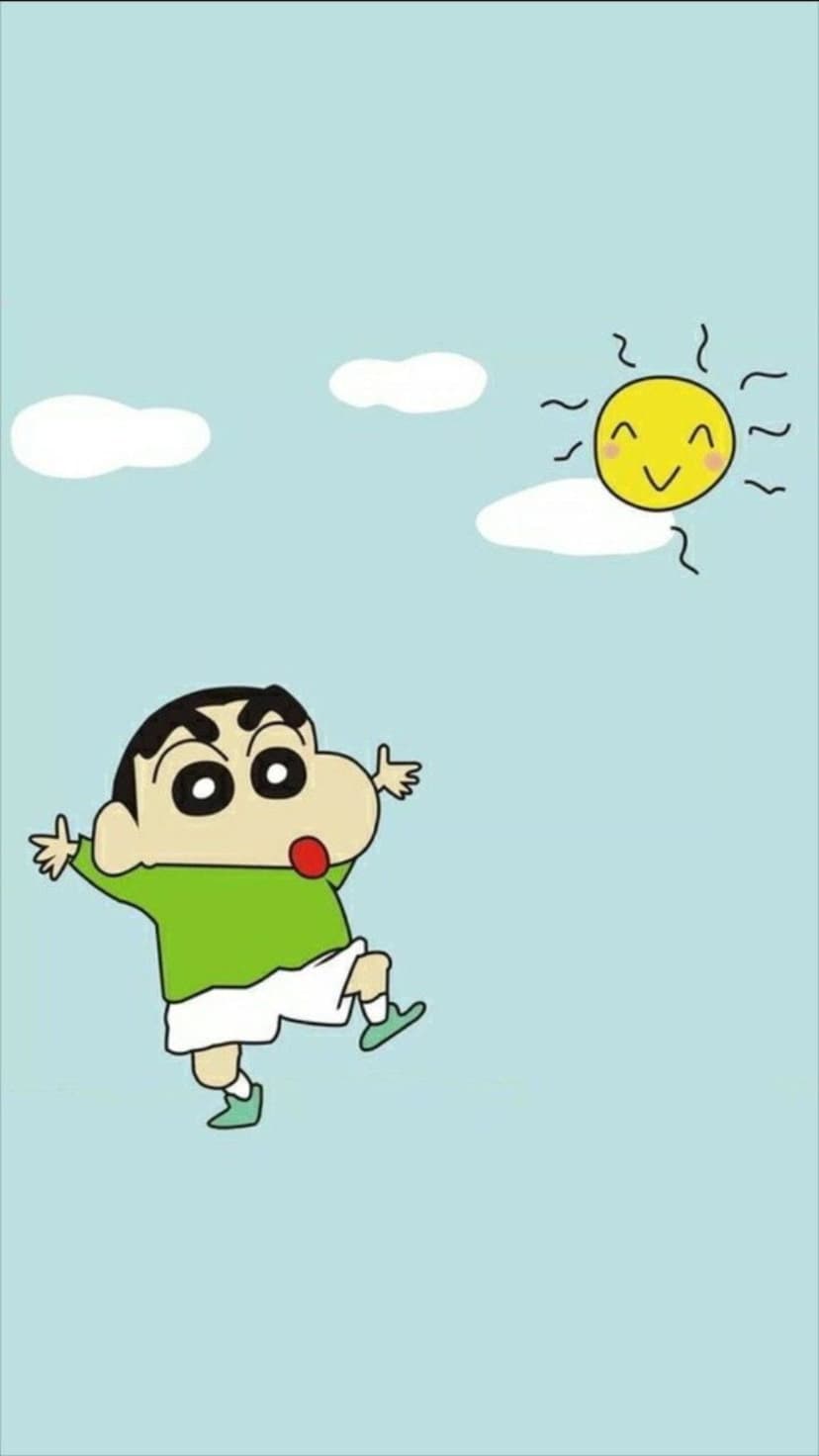 Shinchan dances with arms open under a smiling yellow sun and white clouds against a bright blue sky.