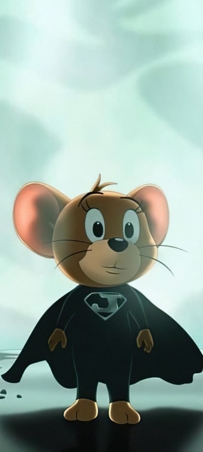 Jerry the mouse wearing a black Superman suit with a J shield logo standing heroically against a misty sky.