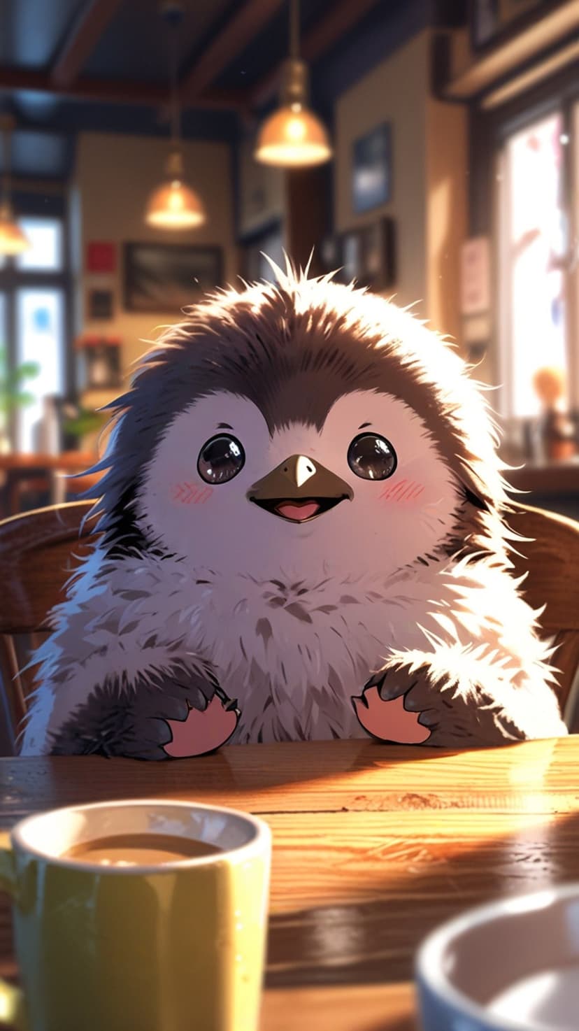 Baby penguin with rosy cheeks sitting at a wooden table next to a steaming cup of coffee in a warm cafe.