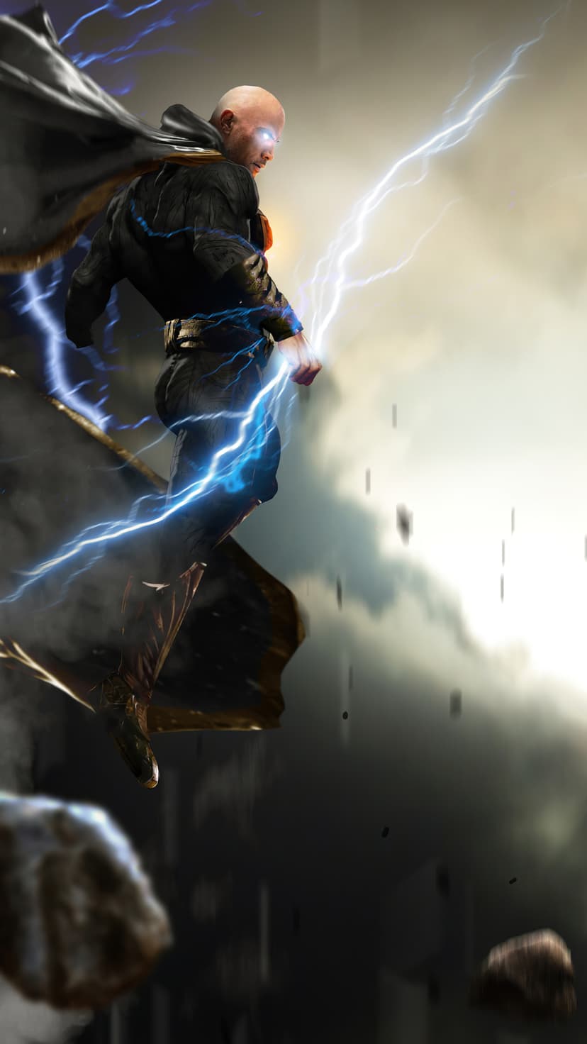 Black Adam stands with glowing eyes surrounded by blue lightning arcs and floating rocky debris in a dark storm.