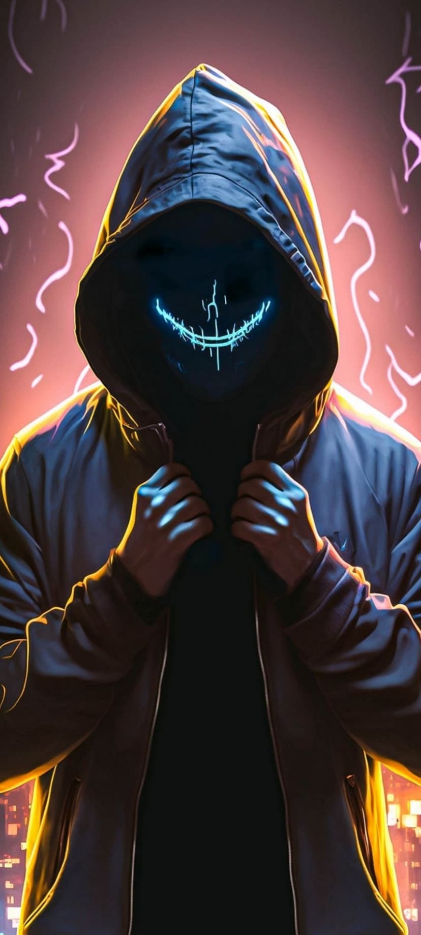 Masked hacker in a black hoodie with a glowing blue smiley face standing before blurred urban neon lights.