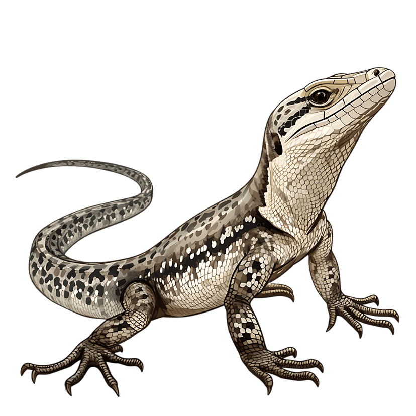 Patterned lizard digital illustration showing detailed brown scales, sharp claws, and alert eyes in profile.