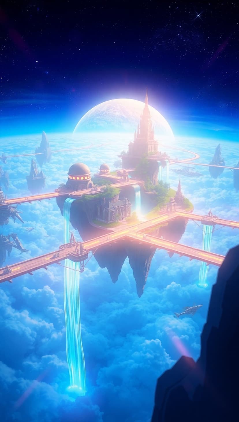 Floating stone castles with glowing bridges sit above clouds under a starry sky and a massive planet.