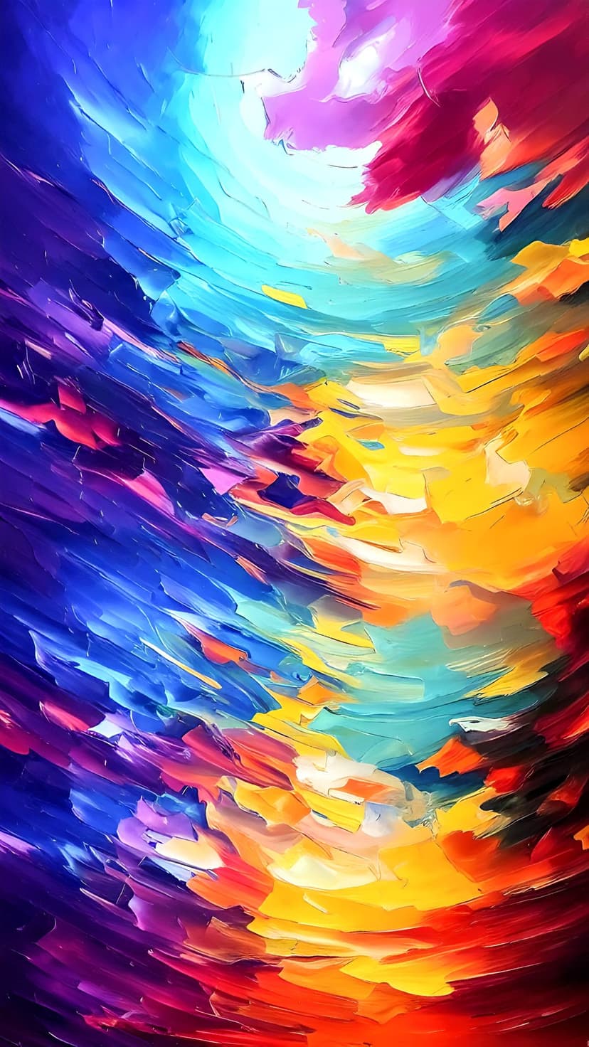Thick blue and red paint swirls overlap with textured brushstrokes in a dynamic, vertical abstract composition.