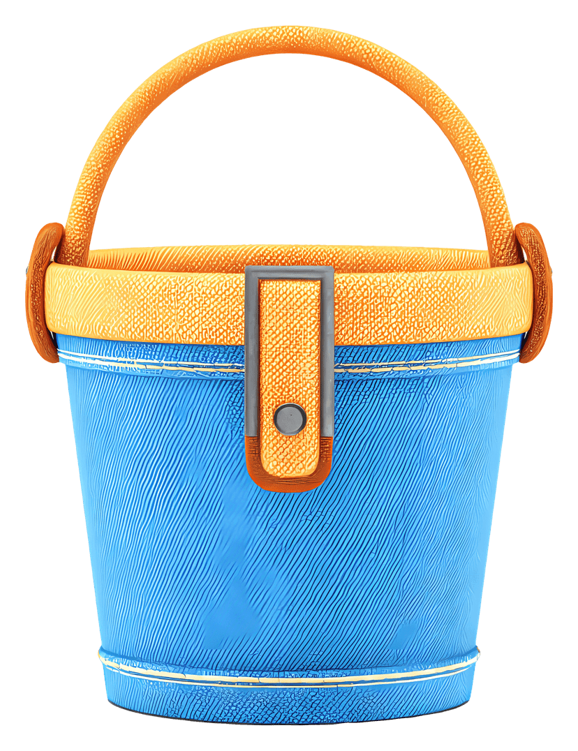 Blue plastic bucket with a yellow rim and silver handle sits upright against a transparent background.