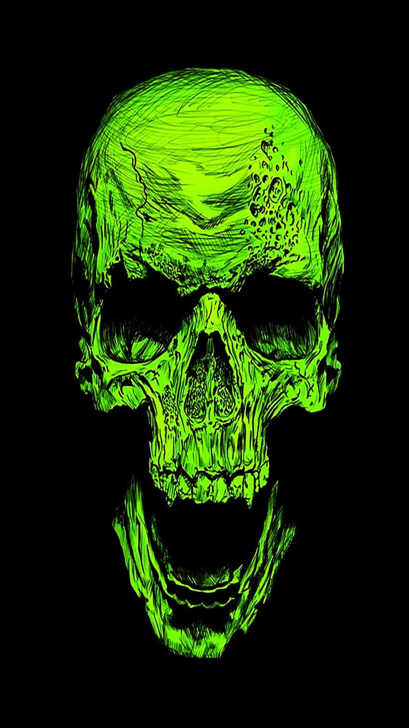 Neon green skull with distressed textures and heavy black linework glows against a solid dark background.