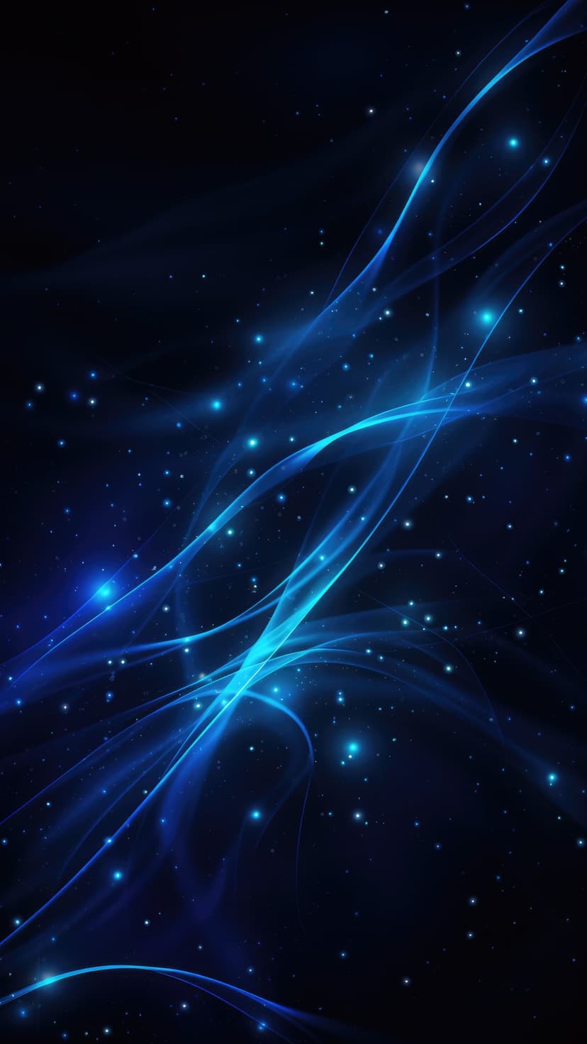 Swirling blue nebulae clouds with glowing white stardust particles floating against a dark cosmic background.