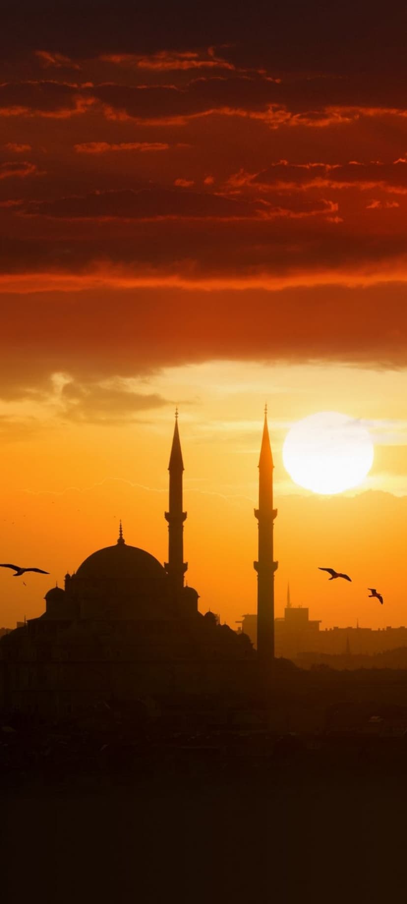 Mosque silhouette with two minarets against a fiery orange sunset sky as birds fly across the glowing horizon.