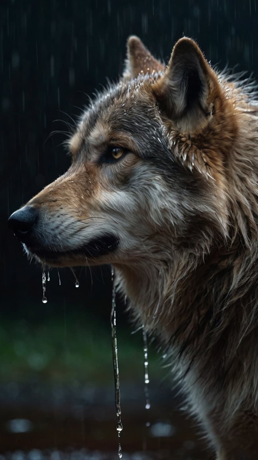 Gray wolf with wet fur and glistening water droplets on its muzzle stares intently against a dark rainy backdrop.