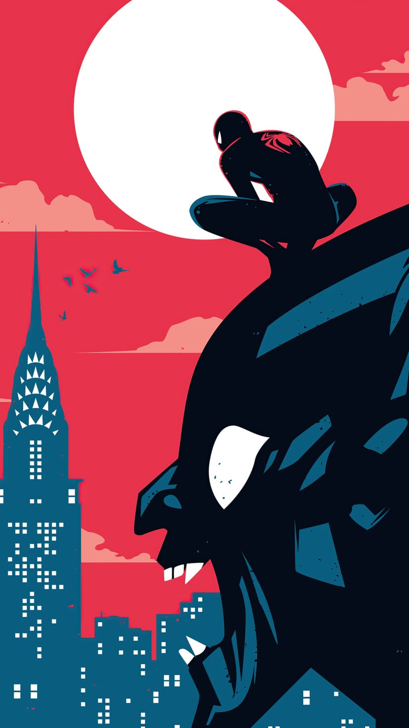Spider-Man silhouette stands before a massive red moon and blue NYC skyscrapers with a dark looming figure.