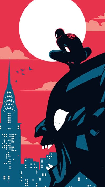 Spider-Man silhouetted against a giant moon over NYC