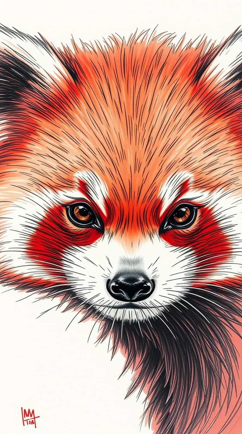 Red panda face with ginger fur, white markings, and dark eyes depicted in a focused vertical close-up portrait.
