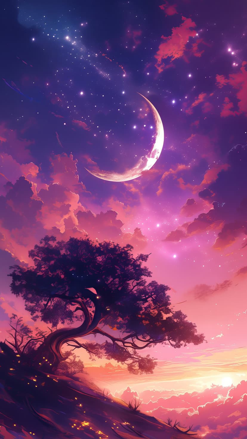 Gnarled tree silhouette on a hill under a large crescent moon and purple starry sky with glowing lights.