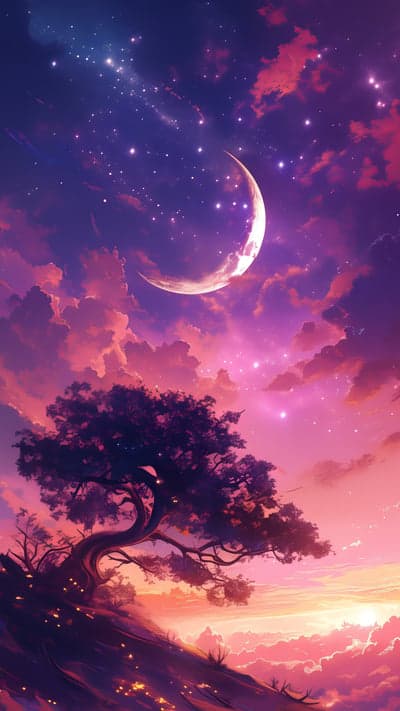 Magical Crescent Moon and Starry Sky over a Tree
