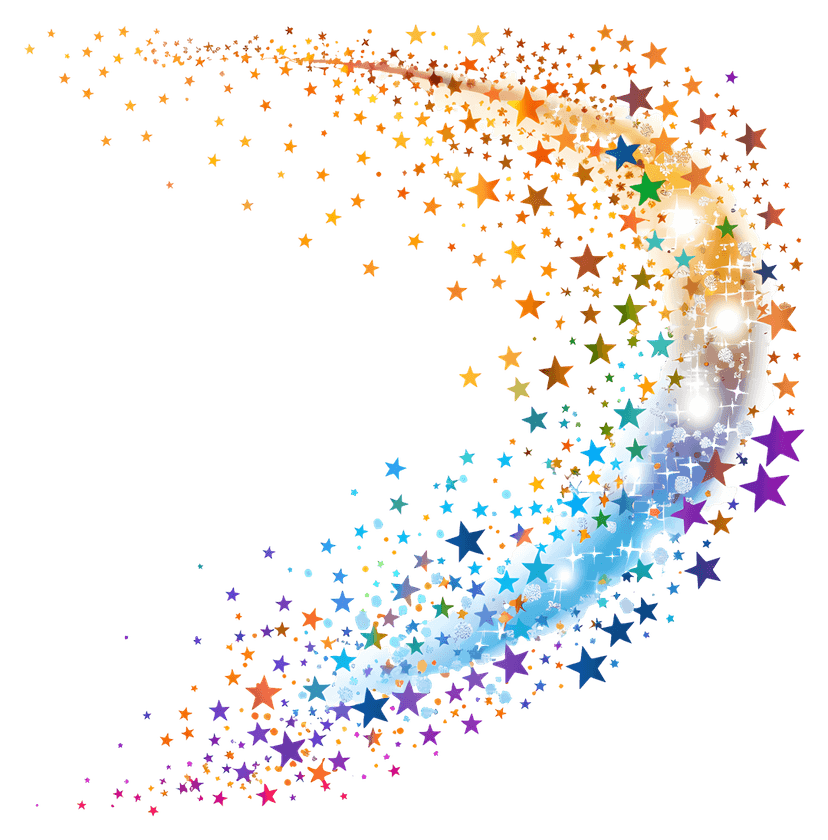 Colorful starry trail sparkle effect features an arc of glowing multi-colored stars on a transparent background.