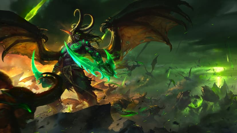 Demon hunter with glowing green warglaives and wings standing before a chaotic army on a dark battlefield.