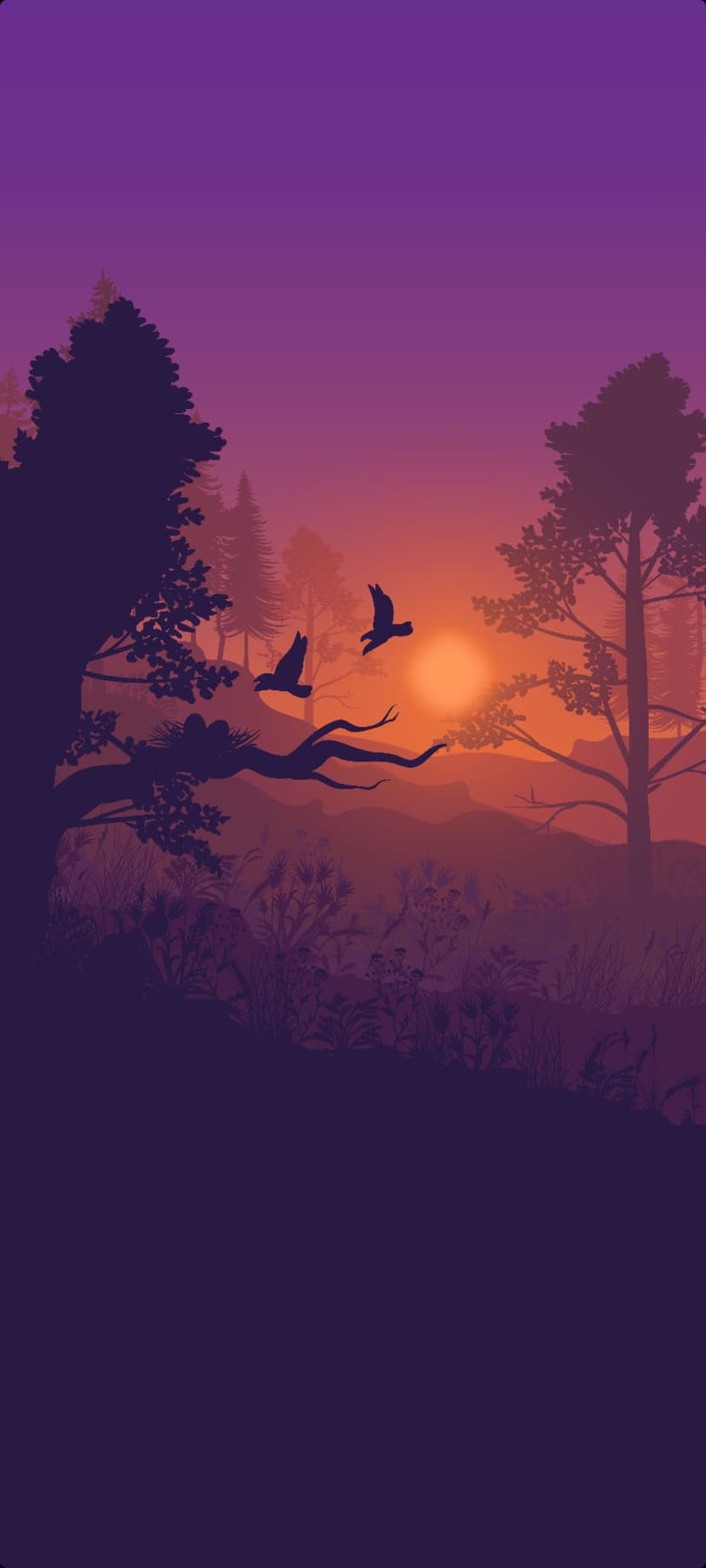 Two birds fly over a glowing orange sun and layered hills with a bird nest resting on a branch in the foreground.