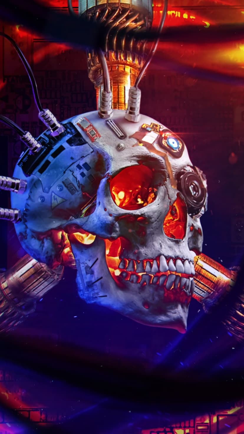 Human skull with glowing red eyes and complex cybernetic wiring set against a dark purple and red neon background.