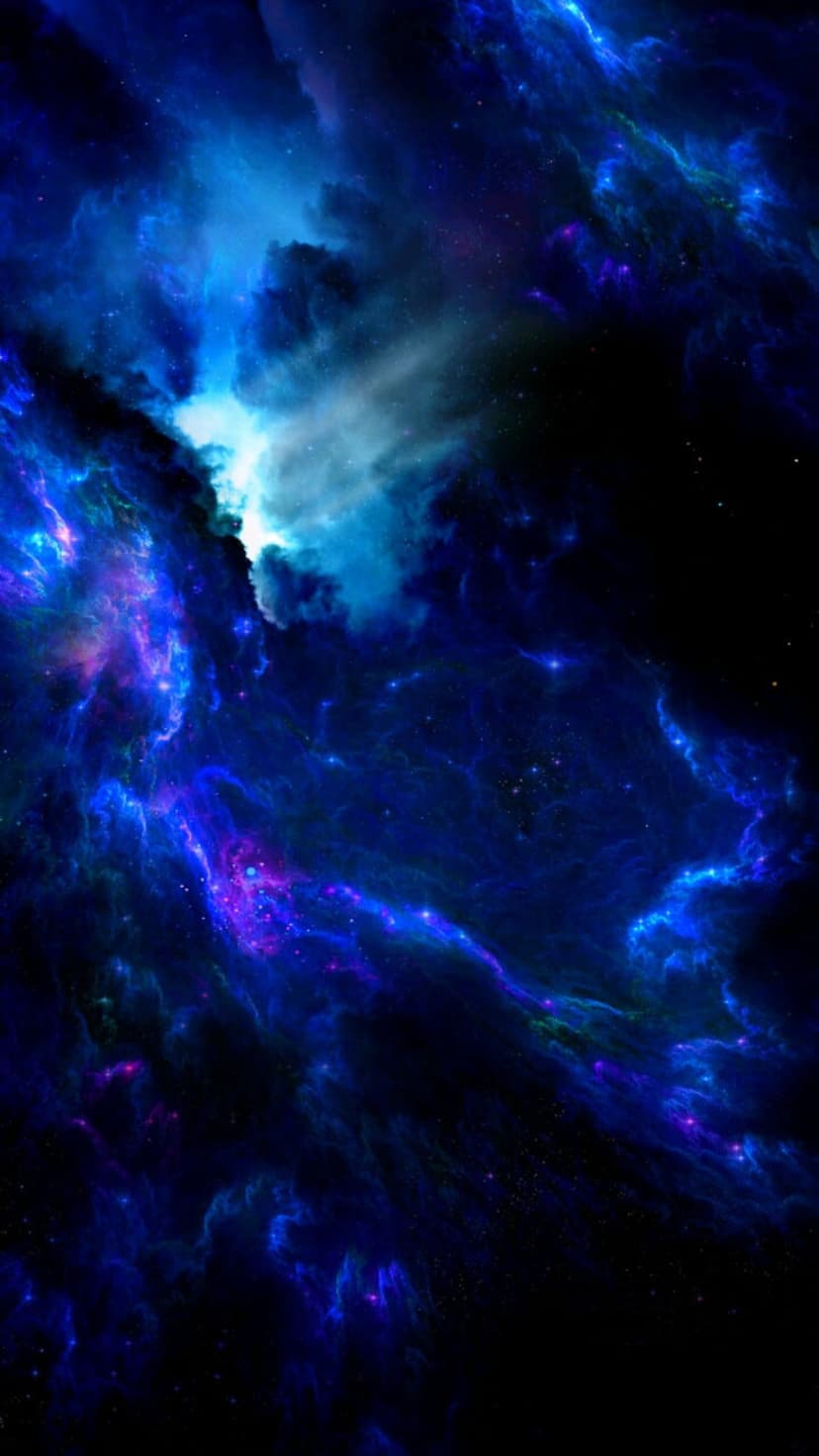 Swirling blue and purple nebula clouds surround a bright white light in a star-filled dark space landscape.
