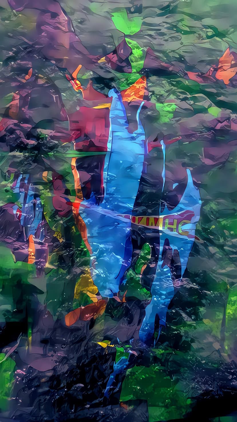 Blue human-like figure stands among swirling green, orange, and purple organic shapes and fluid layered textures.