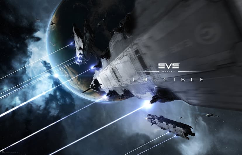Caldari spaceships fire blue lasers in orbit around a large planet in a cinematic space battle scene.