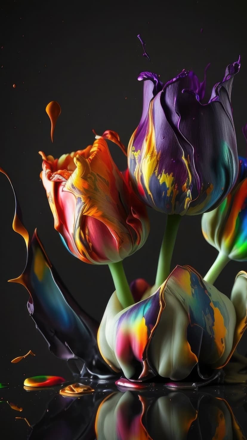 Red and yellow tulips covered in vibrant paint splatters and liquid drips against a dark, moody background.