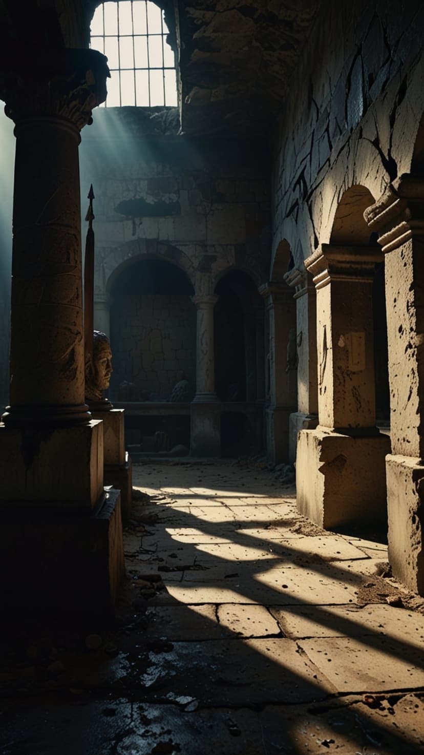 Roman bust statue illuminated by sharp sunbeams inside a crumbling stone hall with dusty architectural ruins.