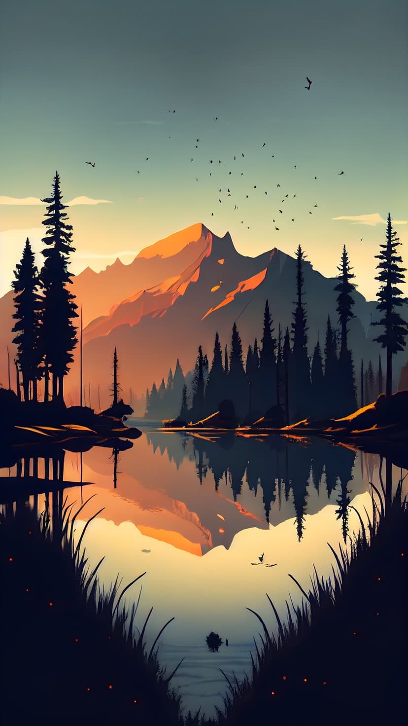 Majestic mountain range reflected in a calm lake at sunset with pine silhouettes and birds in a teal sky.