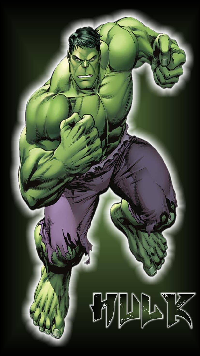 Hulk stands in a powerful pose with green muscles and torn purple pants against a glowing gradient backdrop.
