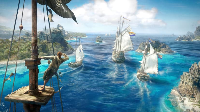 Pirate on a crow's nest watching three massive sailing ships navigate vibrant turquoise tropical waters.