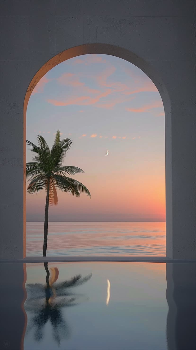 Palm tree silhouette and crescent moon reflected in calm ocean water through a white minimalist archway.