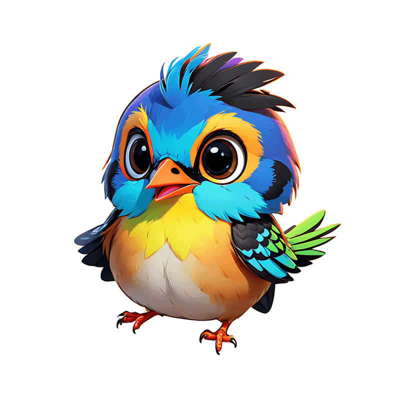Blue bird diecut graphic with a yellow chest and multicolored wings features large eyes and glossy textures.