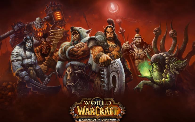 Orc warlords stand together against a fiery red background with the Warlords of Draenor logo at the bottom.