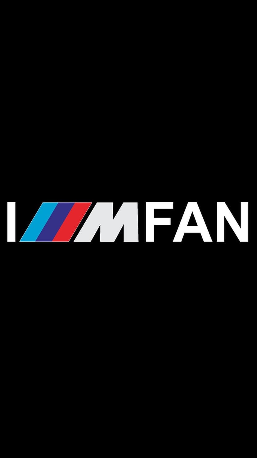 BMW M stripes integrated into white I M FAN text centered on a solid black background for vertical screens.