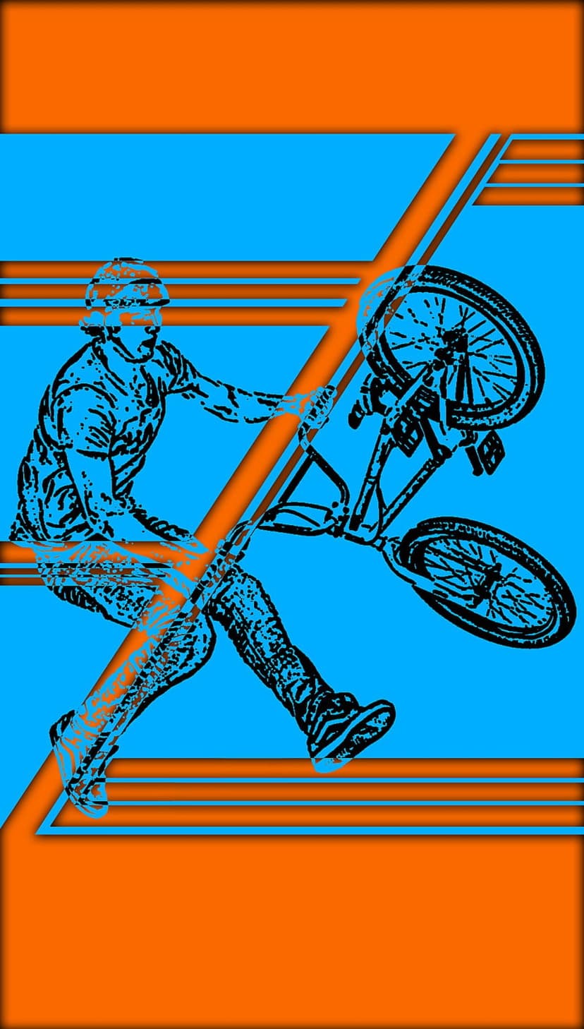 BMX rider performing a mid-air stunt against a blue background with vibrant orange abstract geometric shapes.