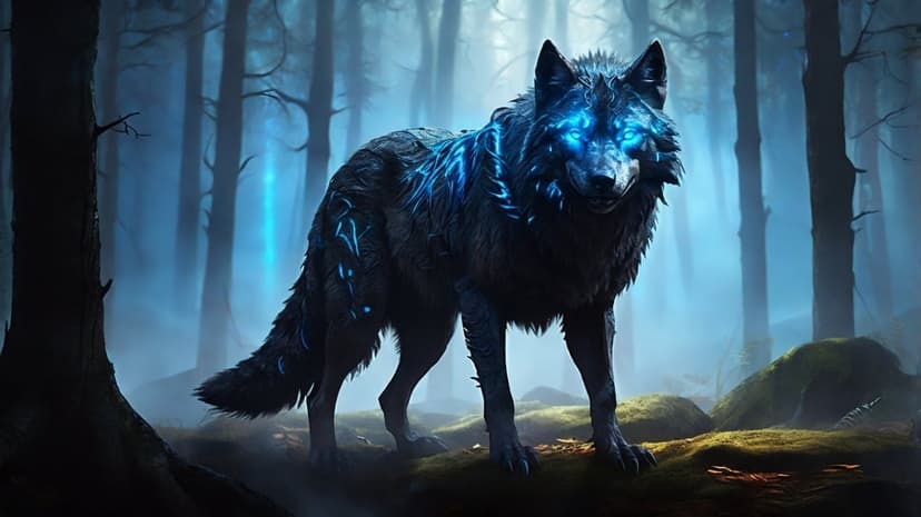 Wolf with glowing blue eyes and energy-infused fur standing amidst tall trees in a dark, foggy forest.