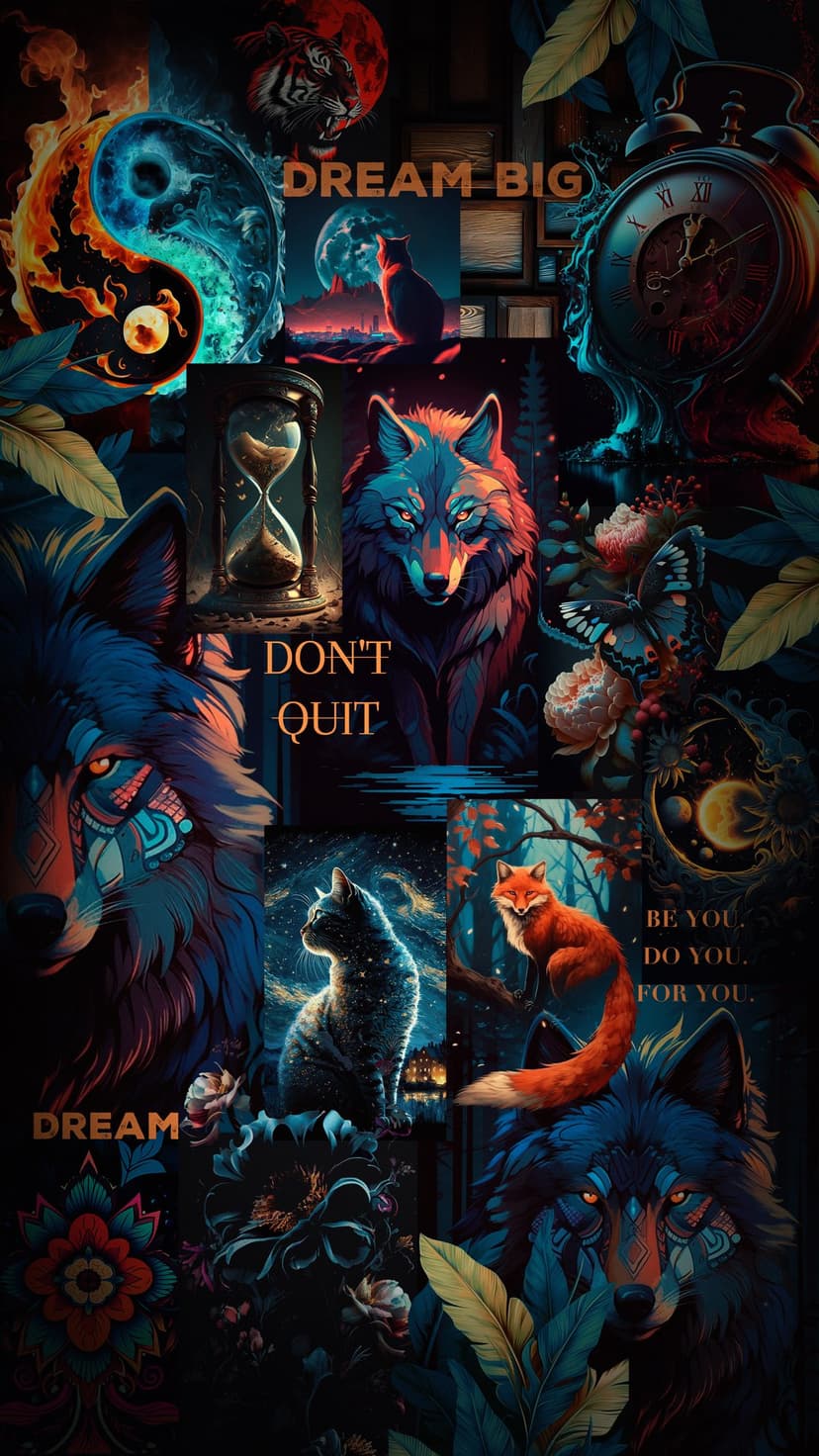 Wolves, a tiger, and a fox surround a glowing yin-yang symbol and an hourglass with floral patterns.