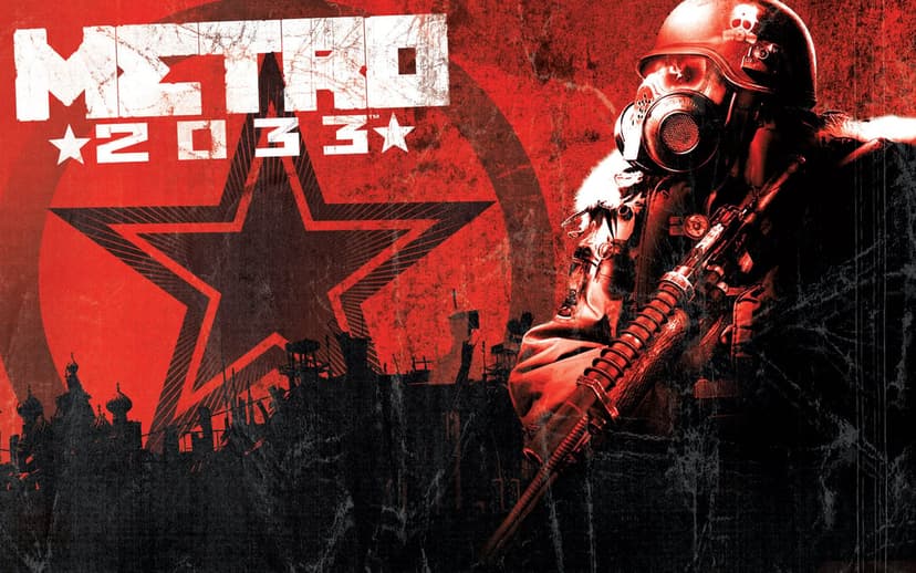 Soldier in gas mask with rifle before a red star and city ruins in a dark red and black textured scene.