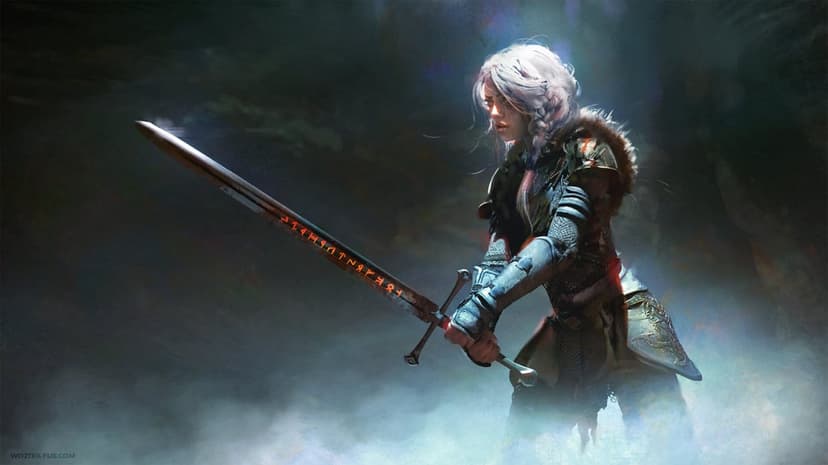 White-haired female warrior in leather armor holding a glowing runic sword amidst dark blue mist and smoke.
