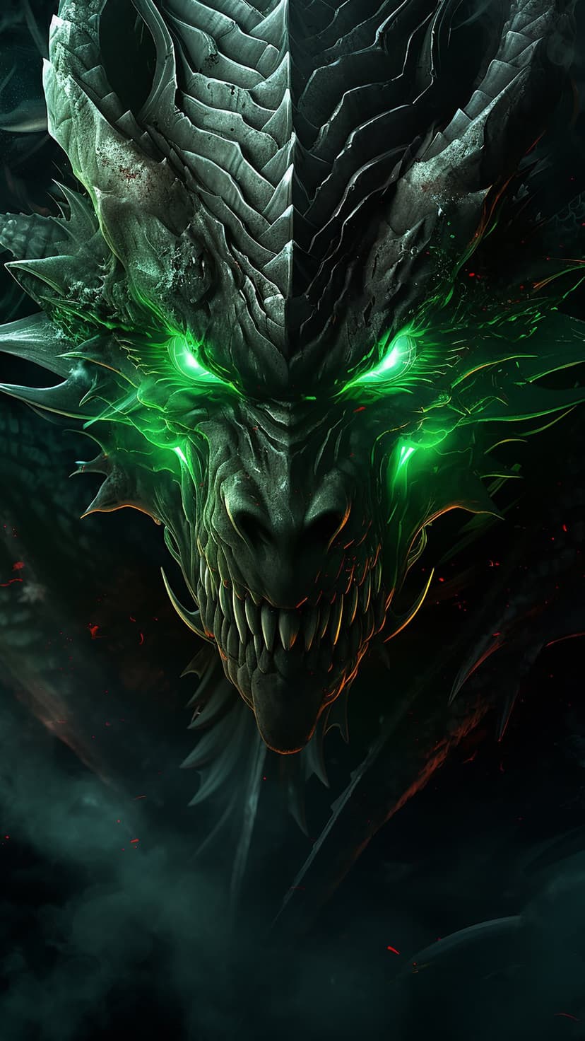 Dragon head with obsidian scales and glowing green eyes emerges from dark smoke and orange floating embers.
