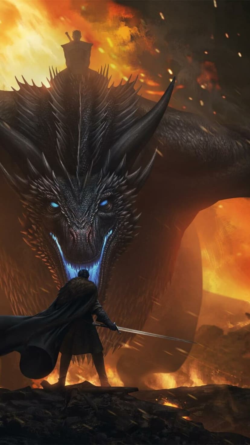 Black dragon with glowing blue eyes breathes orange fire at a cloaked warrior holding a sword in a dark abyss.